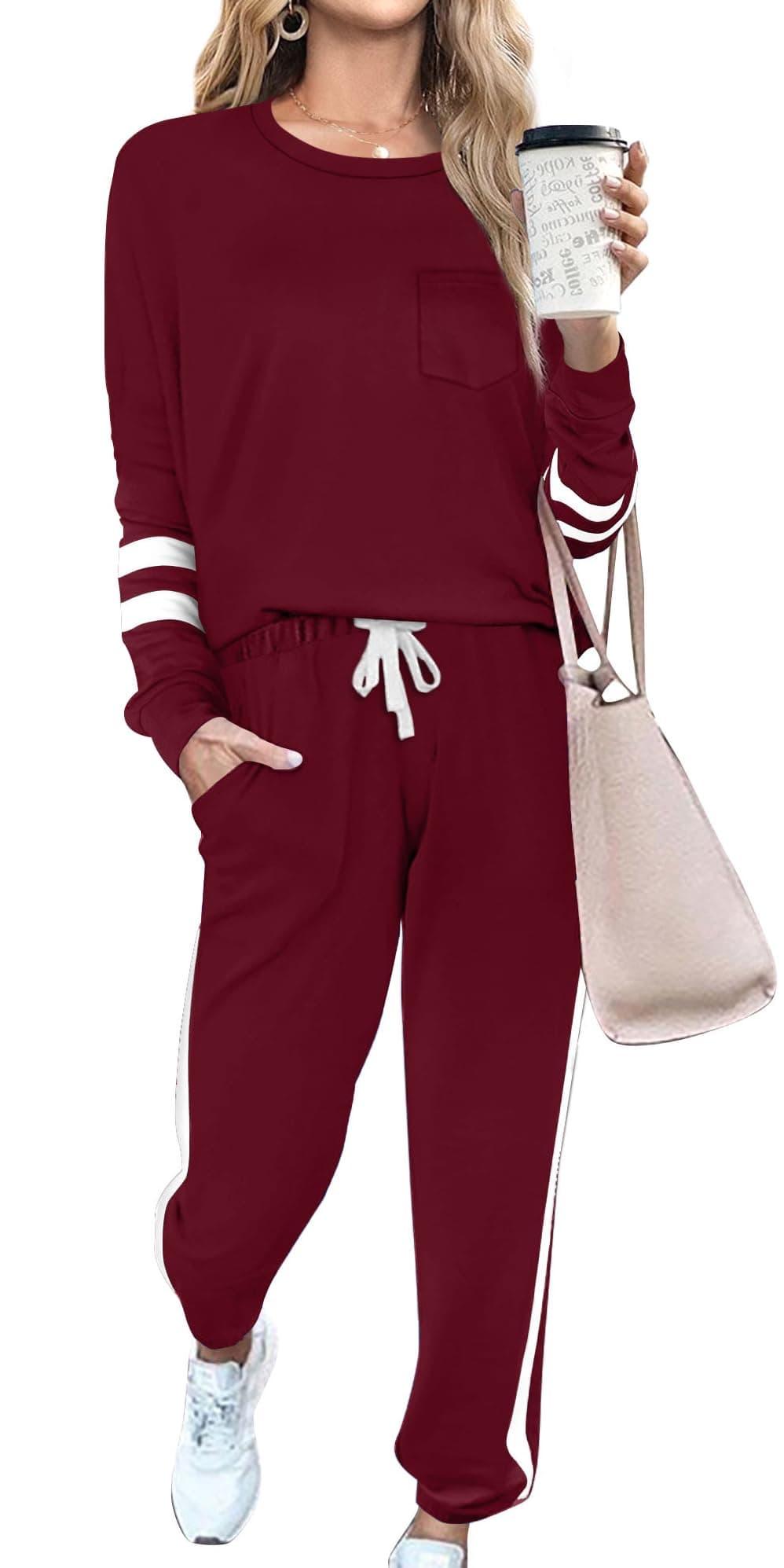 RUBZOOF Two Piece Outfits for Women Lounge Sets with Pockets Loose Fit Wine Red L