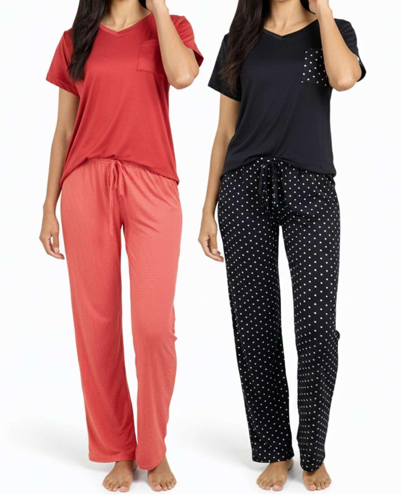 Real Essentials 2 Pack: Women's Comfy Pajama Sets - Short & Long Sleeve Ladies Loungewear Sleepwear PJs (Available In Plus)(Set D Black & Orange, Large)