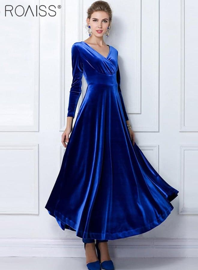 Women's V Neck Velvet Dress Elegant Elastic Skirt Dress Fashion Long Sleeve Fishtail Dress