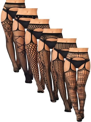 Skylety 6 Pairs Fishnet Stockings for Women Plus Size Thigh-high Tights Stockings Suspender Pantyhose Garter Belts(X-Large-xx-large,Elegant Black)