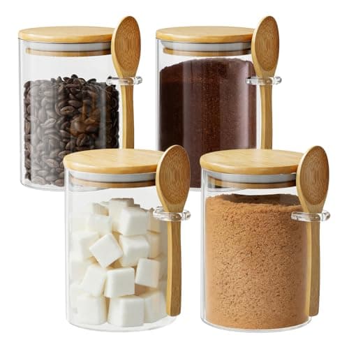 Glass Sugar Container with Spoon - 4 Pack 15oz Glass Jars with Bamboo Lid and Spoon, Bamboo Lid Storage Jar Containers for Coffee Beans, Spice, Brown Sugar, Tea, Flour, Nuts, Candy, Salts and More