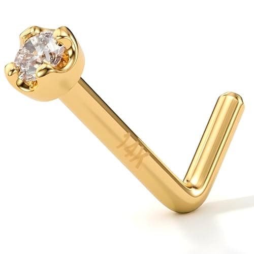 Body Candy 14k Gold L-Shaped Nose Ring with 1.5mm Diamond (0.015 cttw), Hypoallergenic Nose Jewelry - Handmade in USA, 20 Gauge 1/4 inch at Bend