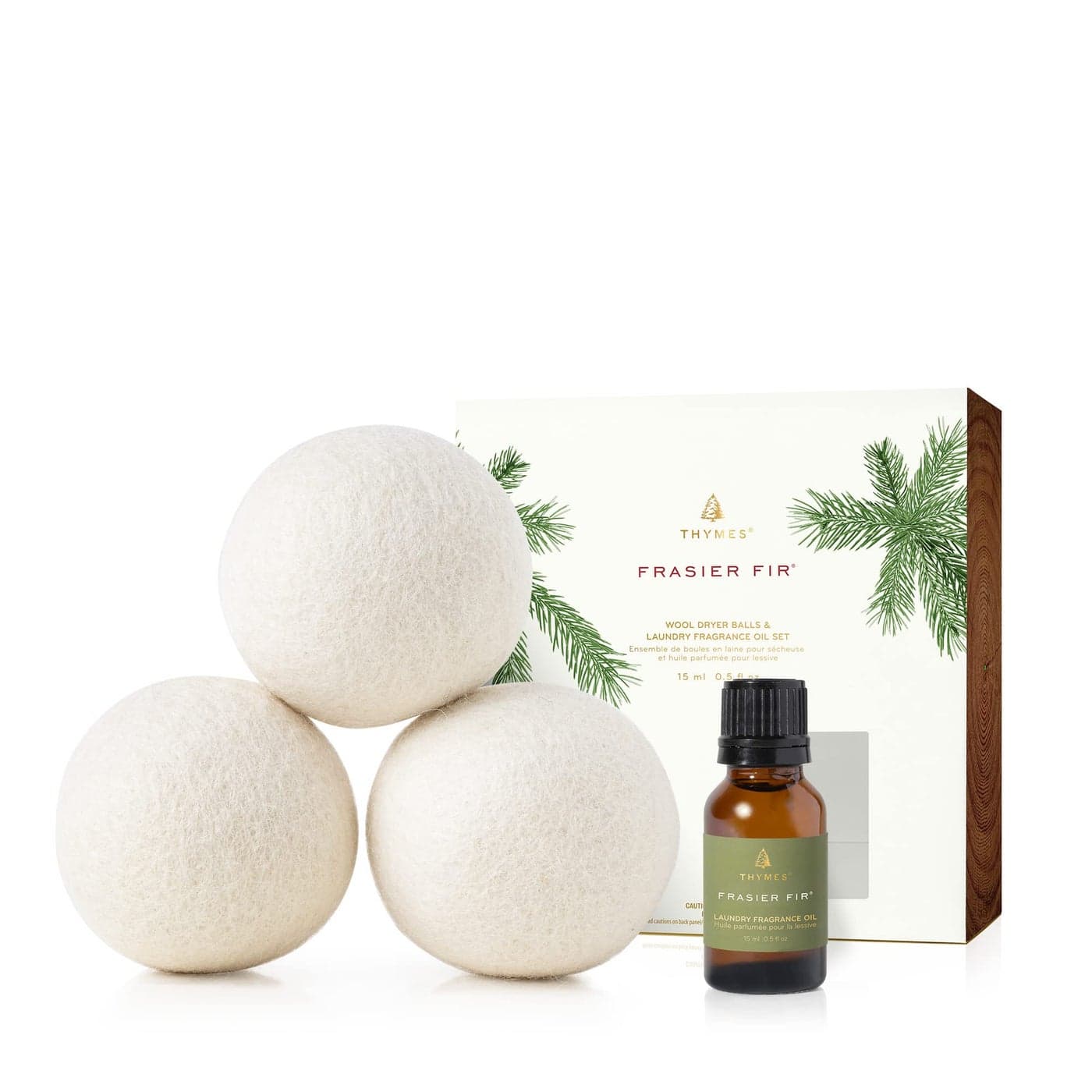 Thymes Wool Dryer Balls Set Includes 3 Wool Laundry Balls 1 Scented Laundry Fragrance Oil for Dryer Eliminate Wrinkles Static Lint Frasier Fir 05 fl oz