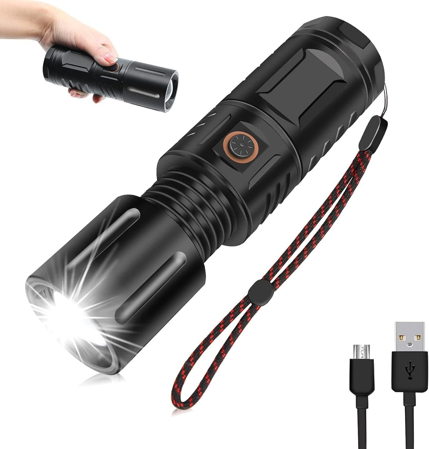 KRLZ Super Bright LED Torch Rechargeable Torch with Power Indicator 5 Modes Zoomable Powerful Torch for Outdoor Sports Night Observation and Emergency