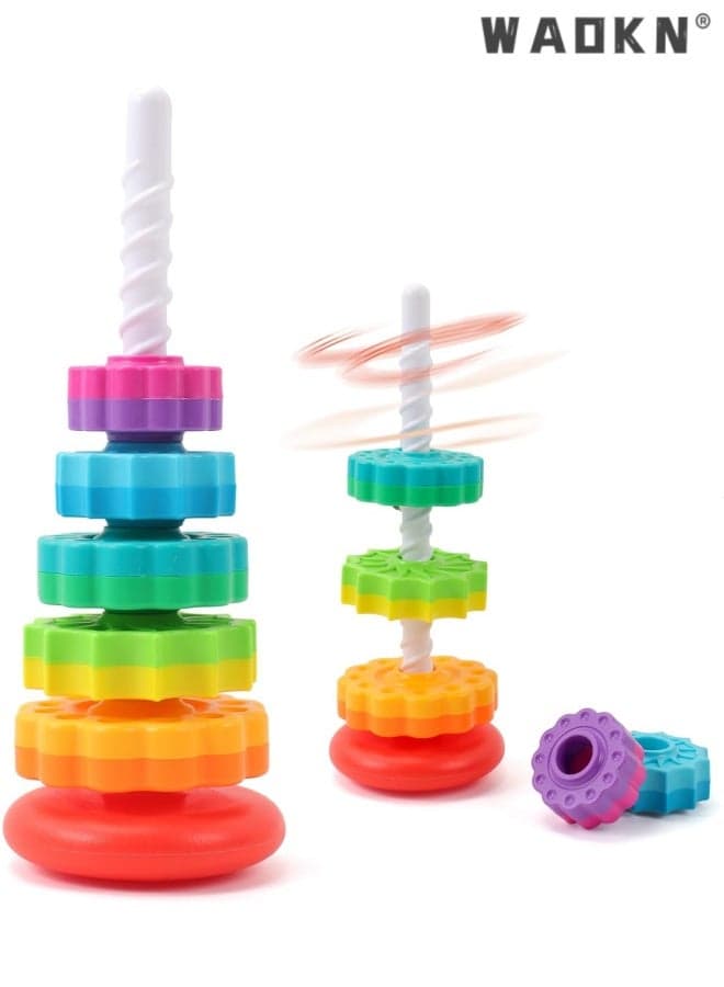 Baby Spinning Stacking Toys, 1-3 years kids Rainbow Ring Stacker Montessori Toys for Babies, Sensory Toys for Toddlers, Christmas and Birthday Gifts Suitable for Boys and Girls ,geometric Ring Stacking and Joyful Rotating Tower,35.5*12.9cm.