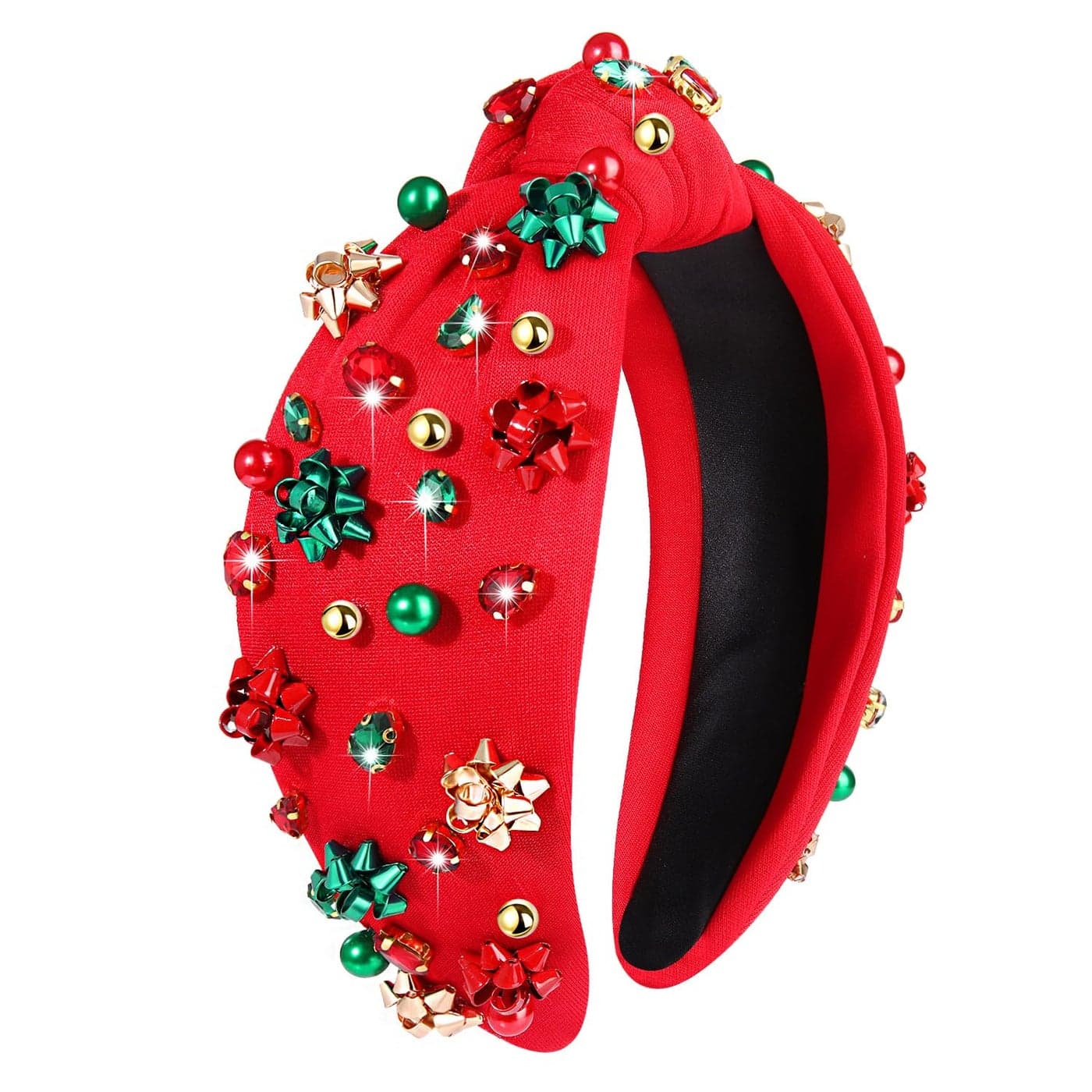 NVENF Jeweled Plaid Headband with Embellished Crystals and Pearls Knotted Wide Top Knot Hair Accessory for Women Holiday Outfits Gifts