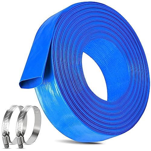 1.25 IN x 60FT Pool Backwash Hose Heavy Duty Drain Discharge Double PVC Layflat Hose with 2 Clamps, Weatherproof Burst Resistant for Water Transfer, Sump Pump, Pool Filter, Pool Drain (18.3M,Blue)