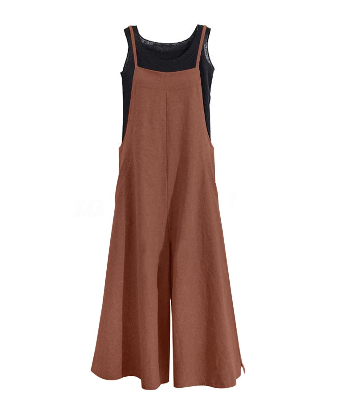 YESNO Women Casual Loose Boyfriend Bib Pants Summer Wide Leg Cotton Jumpsuits Rompers with Pockets XS-5X (S PZZTYP2 Coffee)