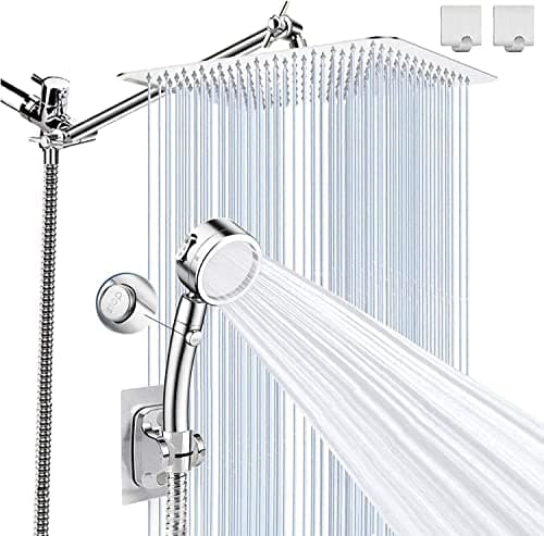Shower Head, High Pressure 10" Square Rain Shower Head with 3 Settings Handheld Spray Combo, 78" Extra Long Shower Hose, 3-Way Diverter, Height/Angle Adjustable Extension Arm, Chrome, BELLEARLY