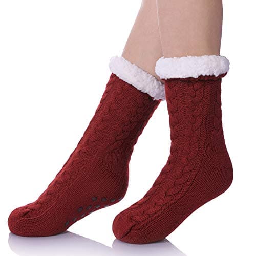 SDBING Women's Winter Super Soft Warm Cozy Fleece Lined Fuzzy Slipper Socks with Grippers (Wine Red, 6-10)