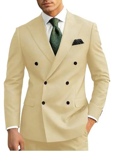 Wangyue Mens Suit Slim Fit 2 Piece Champagne Double Breasted Suit for Man Wedding Regulair Fit Champagne Double Breasted Blazer Homecoming Formal Business Groom Prom Tuxedo 2025 M