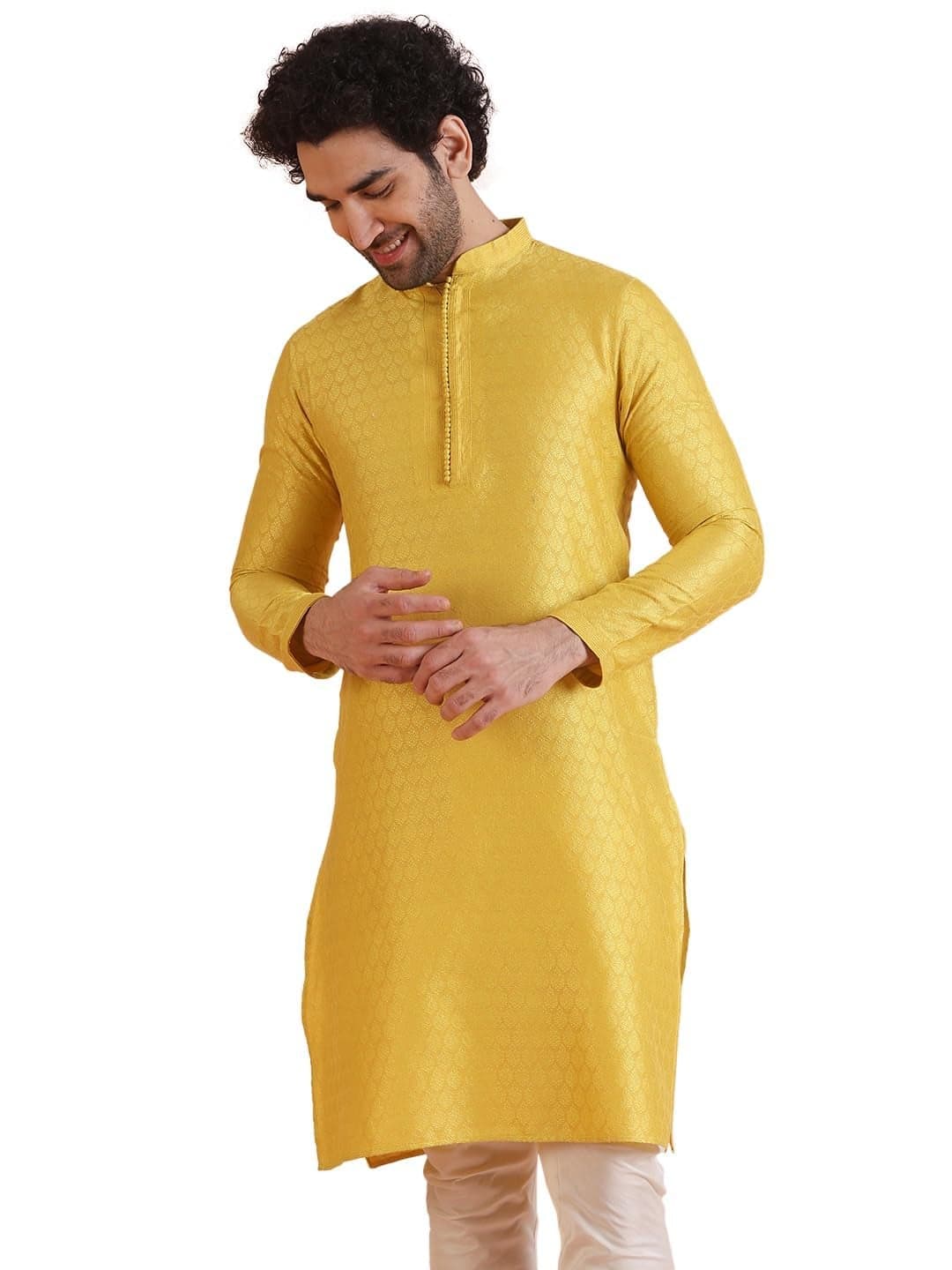 KISAH Kurta for Men – Woven Jacquard Cotton Blend Kurta | Ethnic & Casual Wear for Festivals, Parties & Office Light Yellow