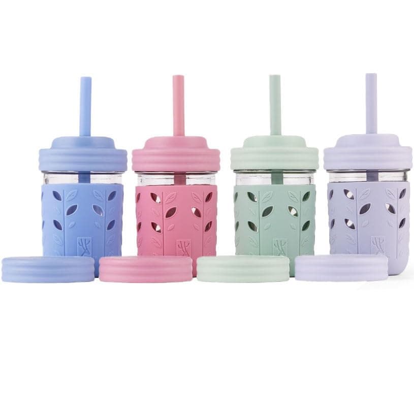 Elk and Friends Kids Toddler Cups The Original Glass Mason jars 8 oz with Silicone Sleeves Silicone Straws with Stoppers Smoothie Cups Spill Proof Sippy Cups for Toddlers