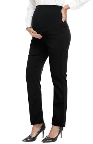 PACBREEZE Women's Maternity Pants for Work Over-Bump Pregnancy Casual Stretchy Straight Dress Pants with Pockets(Black, Small)