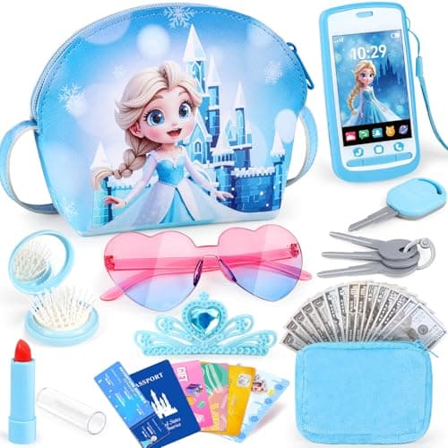 Play Purse for Little Girls Toddler Kids Toy Purse with Accessories Pretend Play Makeup Set Crossbody Bag Wallet Fake Keys Birthday Christmas Princess Gifts Toys for Girls Ages 3 4 5 6 Year Old