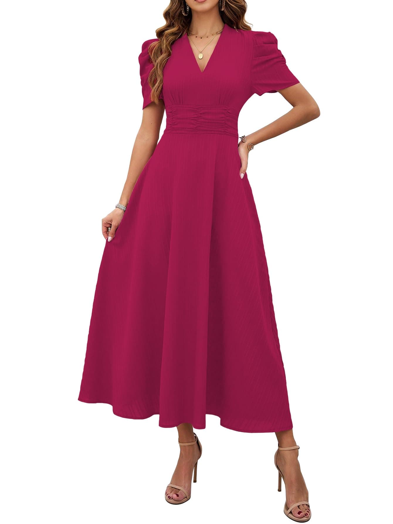 Shasmi Girl's & Women's Solid Color V-Neck A-Line Maxi Dress for Women | New Year Party Outfit | Waist Cinched Puff Sleeve Western | Elegant Casual Wear (Dress 246) (in, Alpha, XL, Regular, Hot Pink)