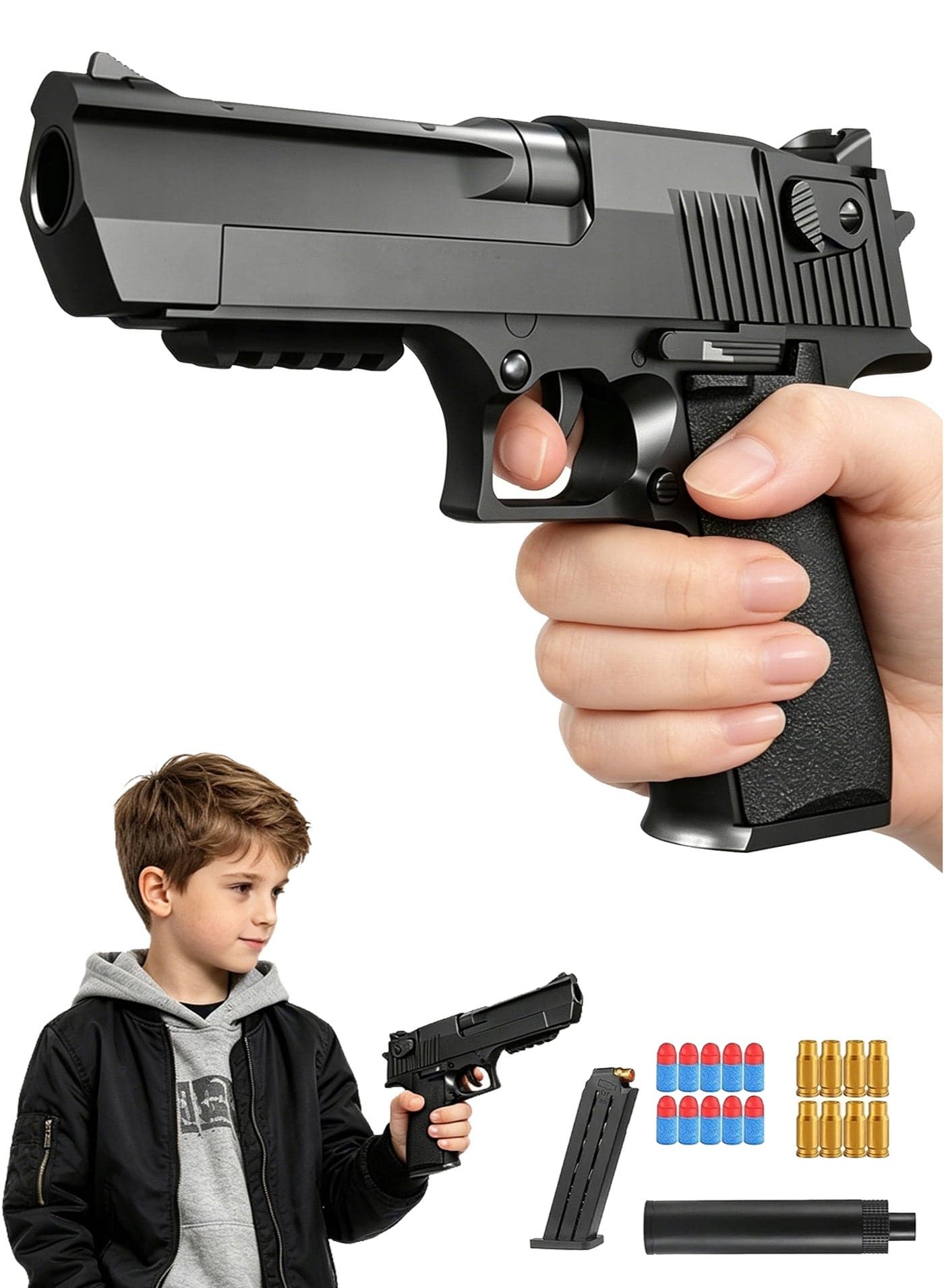 Ultimate Foam Dart Blaster Toy Kit 1:1: Scale Model – Manual Cocking Slide Action Launcher with Shell Ejection Simulation | Includes 10 Soft Foam Darts, 8 Gold Casings & Detachable Mock Suppressor | Best Outdoor Active Game Gift for Kids Ages 8+