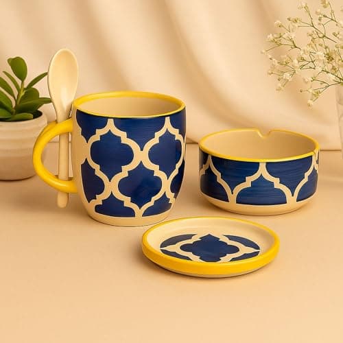 KITTENS Blue Ceramic Mug & Ashtray Set with Lid & Spoon (4 Pc) | Handcrafted Floral Design Cup Set | Microwave Safe Coffee Tea Mug Combo | Unique Gift Set for Men & Women | Made in India