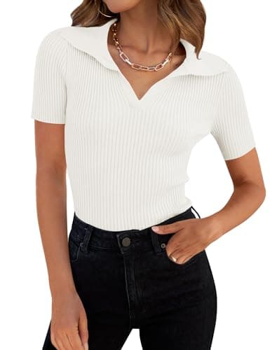 ZESICA Women's Short Sleeve V Neck T Shirts 2025 Summer Ribbed Knit Slim Fitted Basic Solid Color Tee Tops,White,Medium