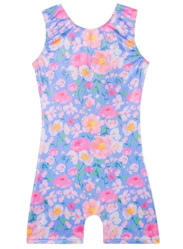 Gymnastics Leotards for Girls Toddler Ballet Dance Tumbling Outfits 4t 5t Kids Sleeveless Gymnastic Biketard with Shorts Sparkly Dancwear Unitards Clothes Bodysuit (Blue Floral, 4-5T)