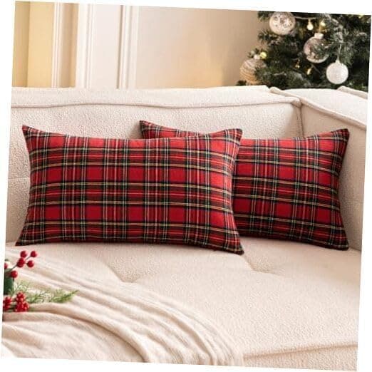 The Purple Tree Christmas Check Cushion Pillow Cover for Living Room Sofa (Pack of 2, 12x18 inch) Red Christmas Theme Cushion Cover, Sofa Christmas Decor