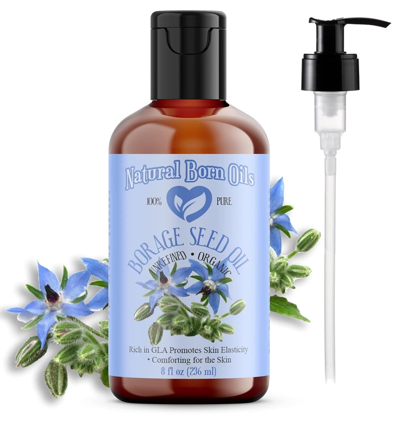 Natural Born Oils Borage Seed Oil 8oz Organic ColdPressed Carrier Oil Omega6 Rich Skin Moisturizer Hair Health Enhancer