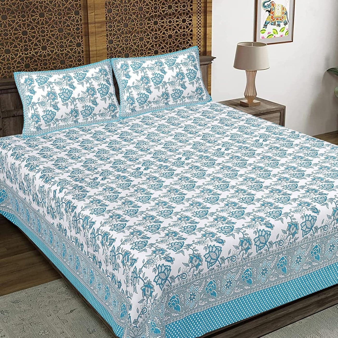 JAIPUR PRINTS 100 Cotton Sanganeri Rajasthani Jaipuri Traditional bedsheet for Double Bed Cotton King Size Bedsheet with 2 Pillow Covers King Size 65
