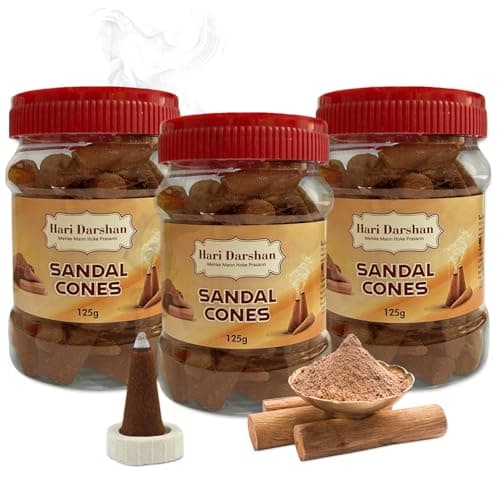 Hari Darshan Sandal Dhoop Cones - Organic Dry Dhoop with Long-Lasting Fragrance for Daily Pooja Meditation & Yoga | Non-Charcoal -Pack of 3 (125g Each)
