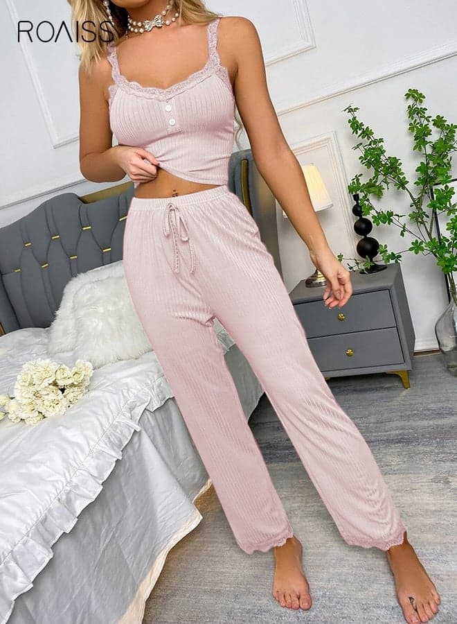 Women 2PCS Summer Pajamas Outfit with Lace Design, Soft Loungewear Set with Tank Top and Elastic Waist Pants, Skin-friendly Soft Sleepwear Jammies for Ladies, Perfect for Sleeping or Lounging Around Your House