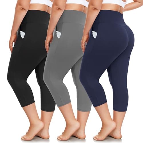 FULLSOFT 3 Pack Plus Size Capri Leggings with Pockets for Women -High Waist Stretchy 1X-4X Workout Yoga Pants(3XL,HHZ)