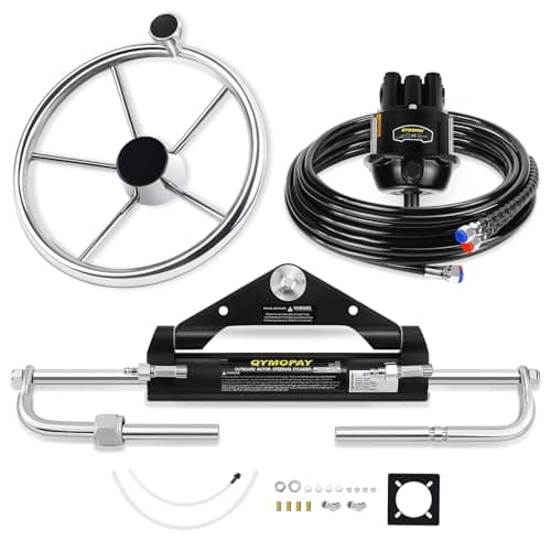 QYMOPAY 150HP Hydraulic Outboard Steering Kit, Marine Hydraulic Steering System with Bi-Directional Locking Cylinders and 24 ft High Strength Nylon Hose, Single Station, Single Engine Use