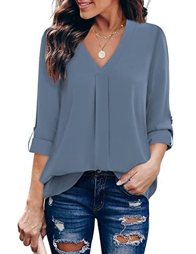 Youtalia Womens Chiffon Tops, Ladies Business Casual Blouses Long Sleeve V Neck Tunic Shirt (X-Large, Blue Grey)