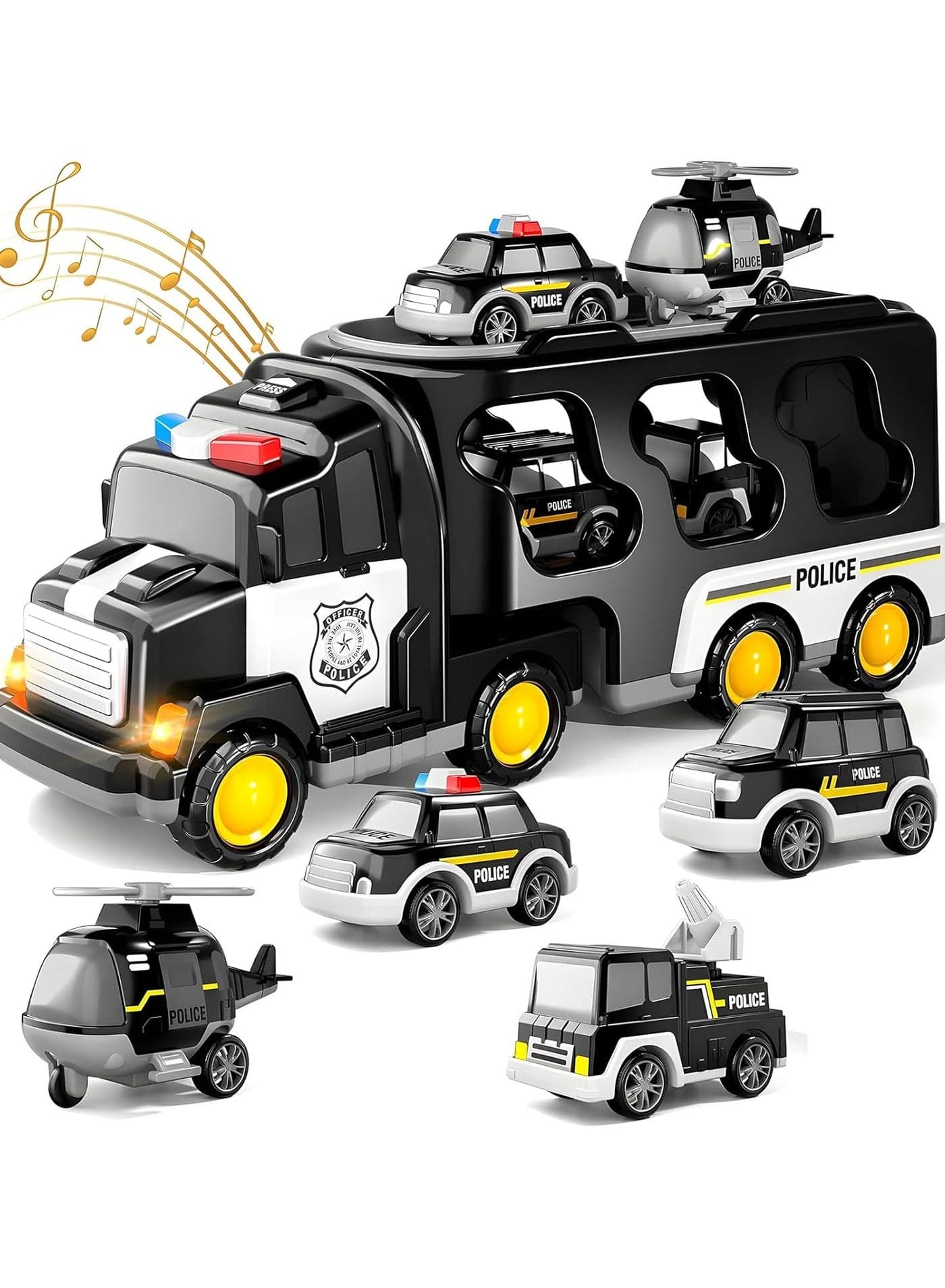 6 in 1 Police Transport Truck Toys Set w/Light and Sound with 6 Small Cartoon Pull Back Cars Car for 2 3 4 Year Old Boy,Carrier Truck Toys Car Toy Set for Boys Girls