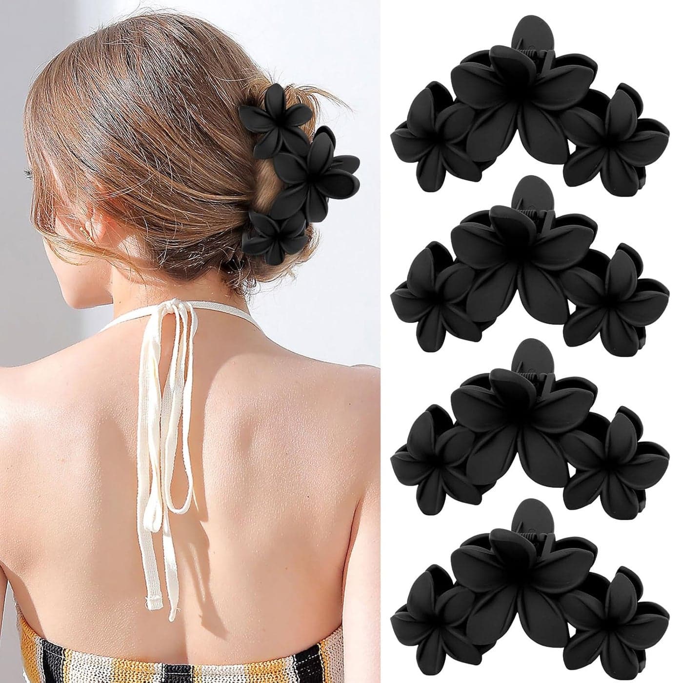 4PCS Matte Flower Hair Clips NonSlip Large Plumeria Clips for Thick Hair Strong Hold for Women and Girls Black
