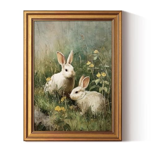 ARPEOTCY Gold Framed Art Prints, Nursery Play Room Cute Wall Decor,Bunny Rabbit Canvas Painting, 12x16inch, Cozy Home Decorations Gift for Kids,green tone