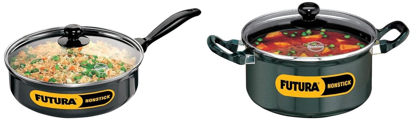 Hawkins Futura Non-Stick Saute' Curry Pan with Glass Lid, 3.25 litres & Futura Non-Stick Stewpot with Glass Lid, 3 litres Combo