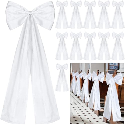 Knitgrip Large Wedding Pew Bows with Long Tails 12 x 295 Inch Wedding Aisle Decorations Bows Satin Ribbon Background Decor for Bridal Shower Reception CeremonyWhite24 Pcs