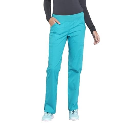 CHEROKEE Workwear Professionals Women Scrubs Pant Mid Rise Straight Leg Pull-on Cargo WW170T, M Tall, Teal Blue