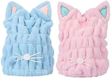 2Pcs Ultra Absorbent Hair Quick Drying Towel Microfiber Hair Dry Wrap Turban Cute Kitty Ears Cap Bath Tool Hat for Women Girls