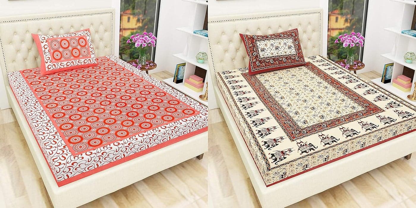 UNIBLISS 100 Cotton Rajasthani Jaipuri Combo Bedsheets Set of 2 Single Bedsheets with 2 Pillow Covers 004