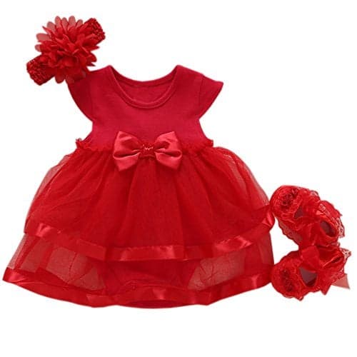 Niyage Baby Girls Clothes Dress Headband Shoes 3 Pcs Set Flowers Party Outfit Romper Dress-Red 3-6 Months
