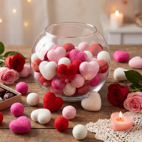 Hahafelt 24 Pcs Valentines Day Vase Filler Felt Heart Balls for Crafts Valentine's Day Decorations Ornaments Heart Shaped & Round Pom Poms Red Pink Hearts Vase Filler for Crafts Home(1.2inch,0.8 Inch)