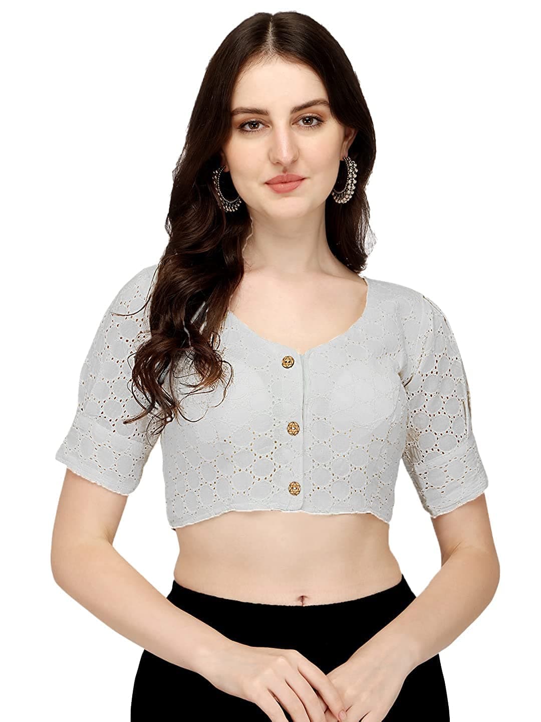 Pujia Mills Women's Cotton Chikankari Embroidery Work Readymade Saree Blouse (40, Hakoba Bright White)