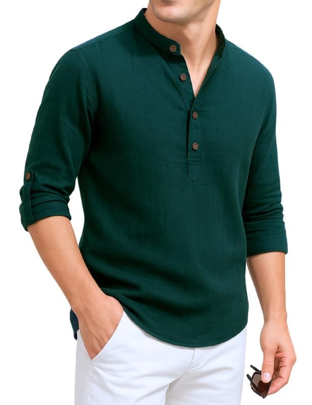 DEELMO Men's Cotton Blend Solid Regular Fit Full Sleeve Short Kurta | Men's Trendy Short Kurta Dark Green