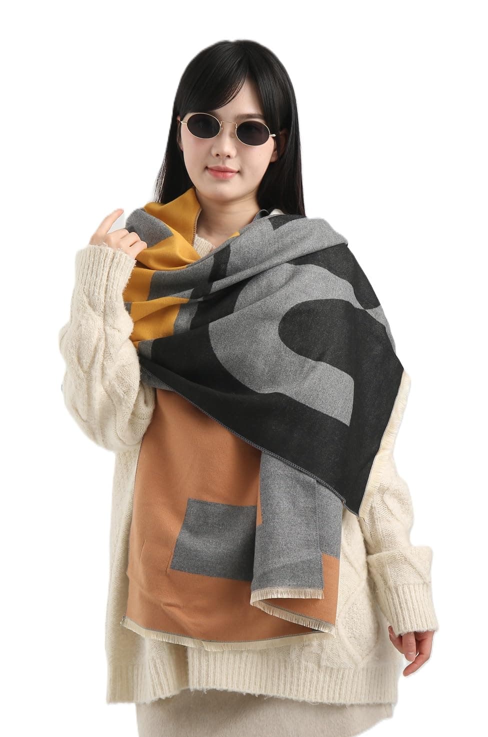 Alexvyan Winter Yellow Orange Large Print Warm Long Shawls Scarves Cum Stoles Woolen Women Casual Scarf Soft Wrap for Casual Formal Occassions- 190CM*68 CM