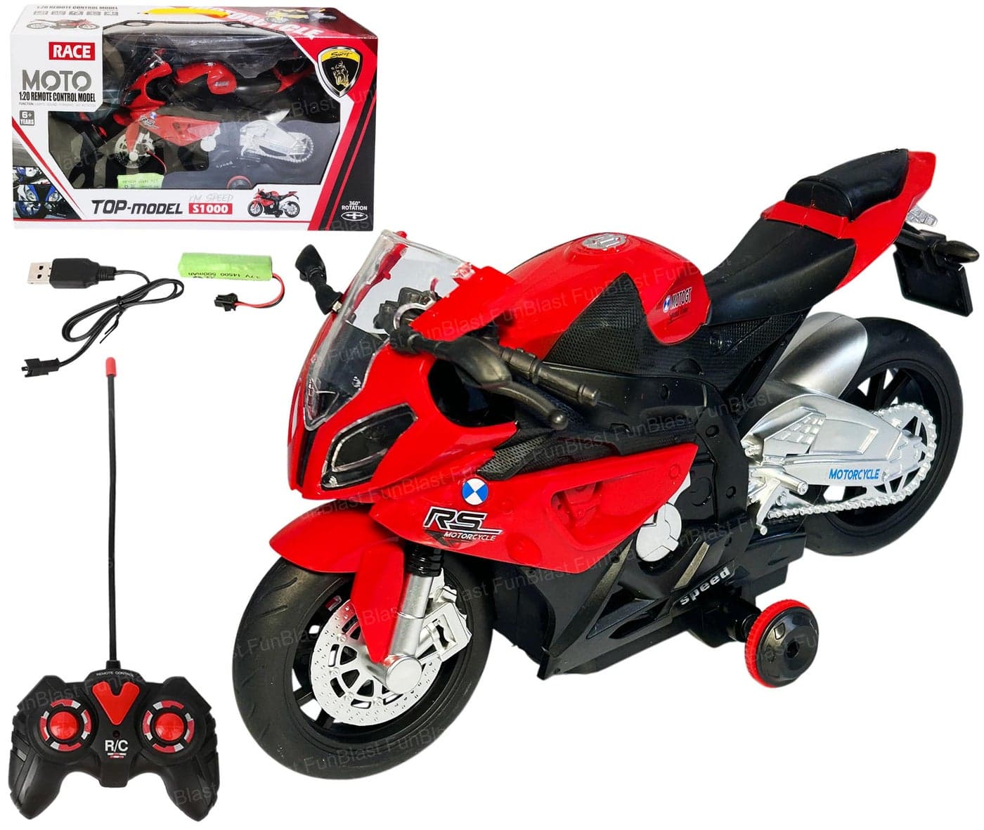 FunBlast Remote Control Motorcycle Toy for Kids – 1:20 Scale RC Bike with Lights, Sounds & 360° Rotation, Rechargeable Racing Motorbike with Rider for 3+ Year Old Boys & Girls (Red)