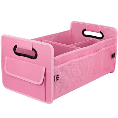 JiatuA Car Trunk Organizer, Car Organizers and Storage Collapsible Multi Compartment Container Box, Adjustable Car Accessories for SUV Sedan Truck, Standard Size, Pink