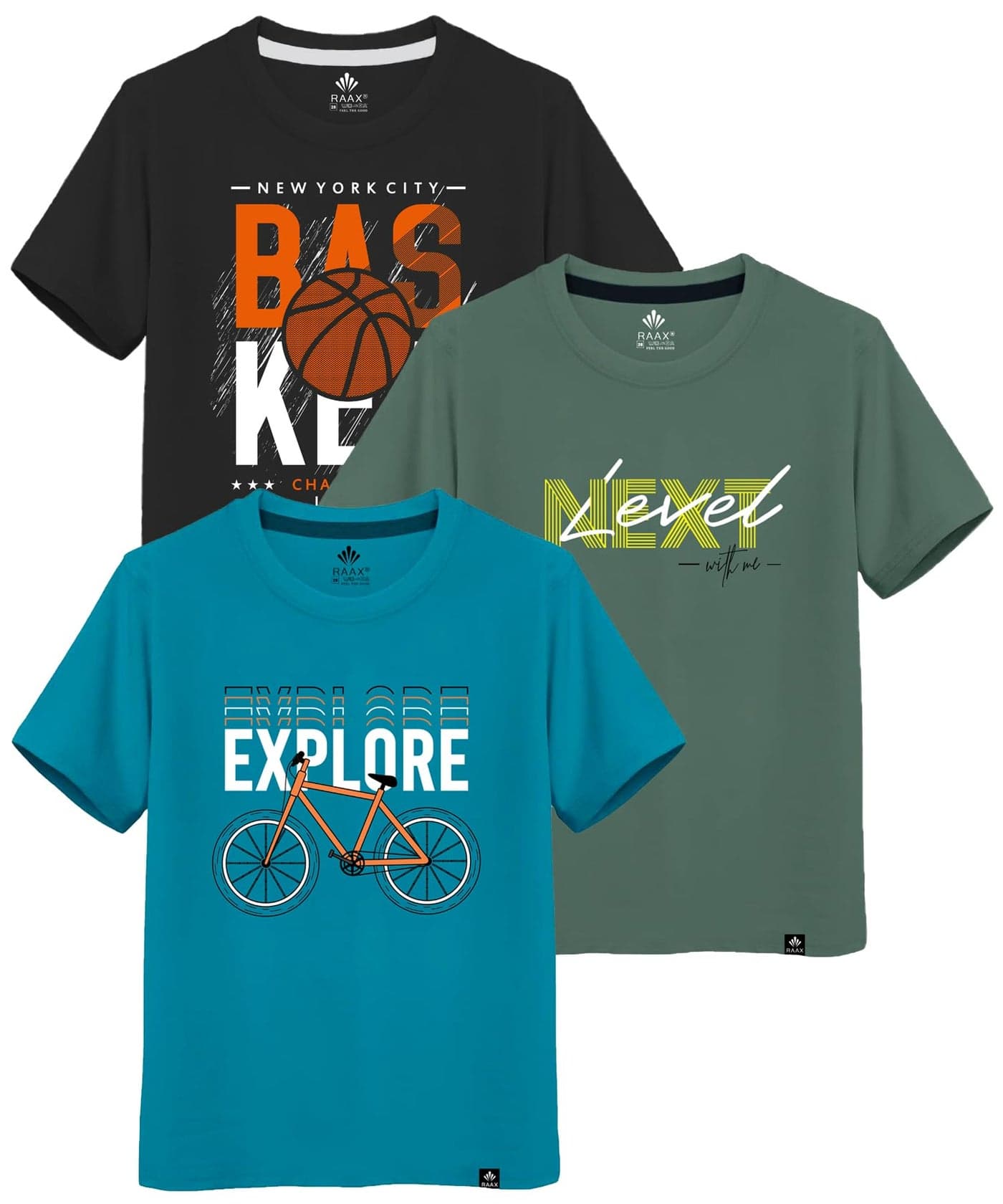 RAAX Boys Cotton Regular Fit T-Shirts (Pack of 3) (in, Age, 13 Years, 14 Years, Regular, Black:Mint:Turcoise)