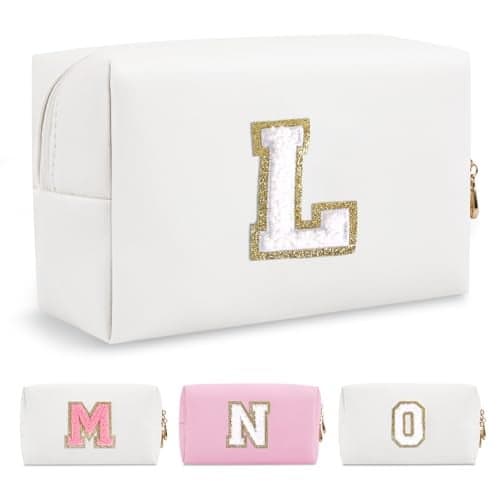 Small Personalized Initial A-Z Preppy Patch Makeup Bag,White PU Chenille Letter Travel Cosmetic Pouch with Zipper,Cute Toiletry Bag,Gift Ideal for Teen Girls Women Teacher Bridesmaid,Letter L