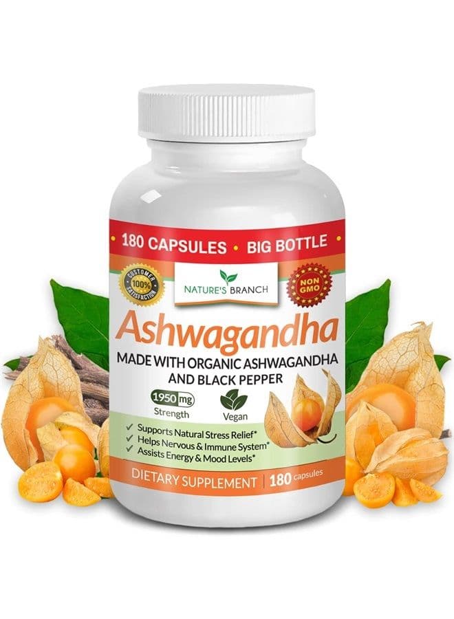 Organic Ashwagandha with Black Pepper - 180 Capsules - 1950mg Maximum Strength for Stress and Mood Support, Sleep, Thyroid, Energy, Hair Pure Root Extract Powder - Vegan Supplements for Men and Women
